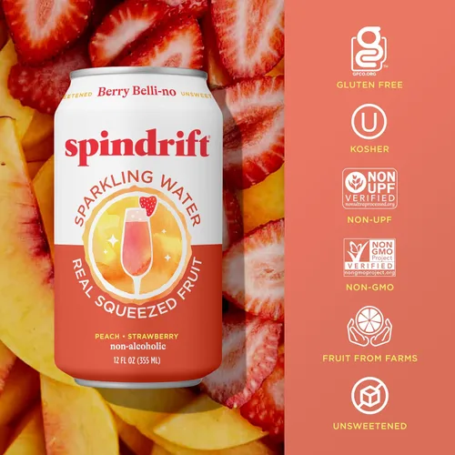 Vista 5 de Spindrift Agua con gas, sabor a bayas Belli, hecha con fruta exprimida real, latas de 12 onzas líquidas, paquete de 24 (solo 13 calorías por lata)