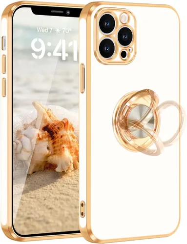 Vista 8 de Fingic Funda para iPhone 12 Pro Max [con soporte de anillo de 360°] [soporte magnético para tarjeta] [soporte de anillo giratorio] [borde dorado]