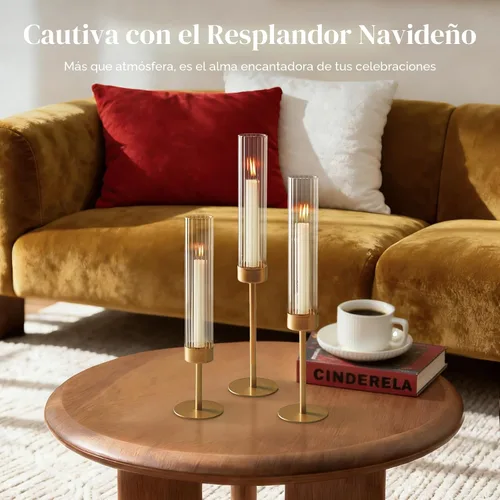 Vista 2 de Candelabros cónicos dorados de huracán: 3 portavelas de latón Glasseam con tapa cilíndrica de vidrio acanalada, candelabros altos estriados