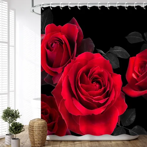 Vista 13 de LIVILAN Cortina de ducha con flores rosas y grises, cortinas de ducha florales de acuarela con ganchos, tela blanca y gris, decoración de baño