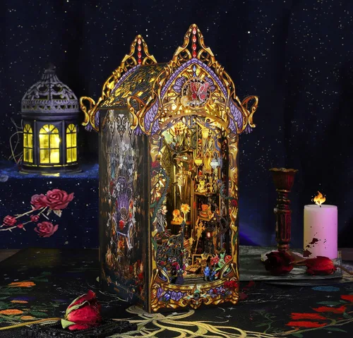 Vista 2 de Modelo de soporte para libros, kits de rincón de libros para adultos, Halloween, rompecabezas góticos mágicos oscuros 3D, estante de libro, castillo