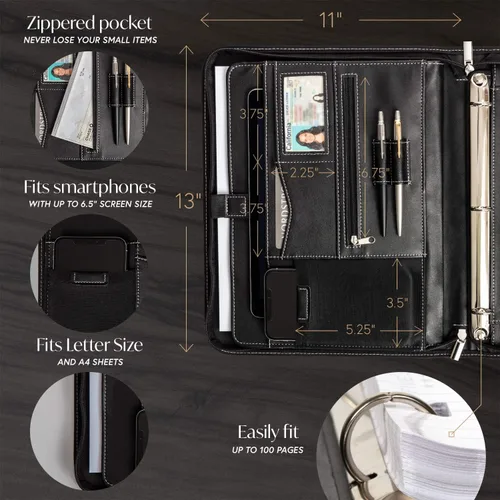 Vista 2 de Cartera profesional de cuero Carpeta con cremallera para entrevistas de negocios Organizador de 3 anillos para tabletas de hasta 13 pulgadas