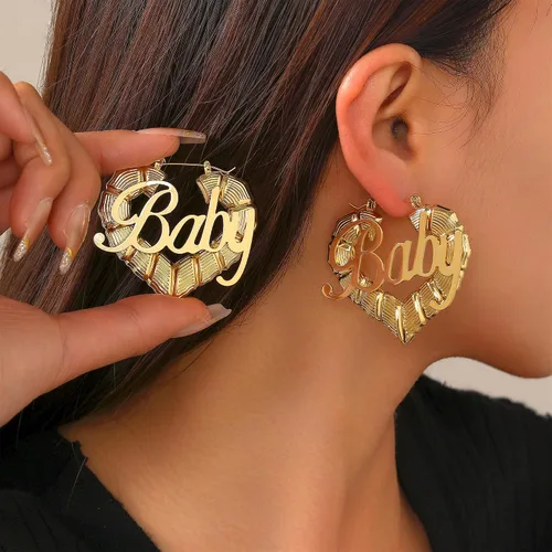 Vista 3 de Aretes de aro de bambú chapados en oro de 18 quilates para mujer, diseño de corazón redondo grande, estilo ghetto de los años 8090, accesorios