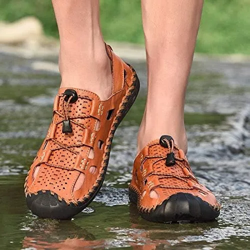 Vista 6 de DZUJY Sandalias Hombre Pantuflas para hombres Chanclas para hombre Zapatos de verano con punta cerrada de cuero transpirable al aire libre Zapatos