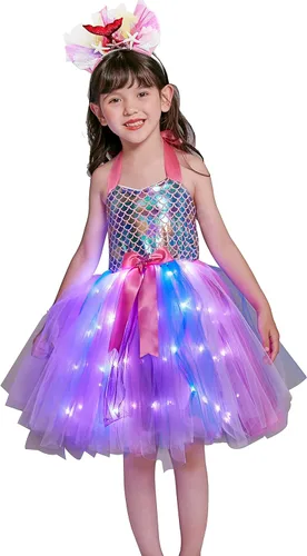 Vista 3 de Davsolly Mermaid Costume for Girls Led Light Up Mermaid Princess Tutu for Birthday Halloween Cosplay Christmas Dress Up Gifts