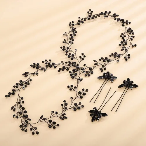 Vista 4 de Teyglen Perlas de cristal de novia, cuentas de diamantes de imitación negros, hechas a mano, pelo largo, diadema de vid para novia, accesorios