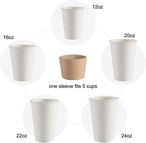 Vista 3 de Fundas de café – 500 fundas desechables corrugadas para tazas calientes – Fundas de papel kraft protectoras con aislamiento térmico para bebidas
