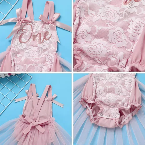 Vista 5 de ODASDO Conjunto de ropa de 2 piezas para bebé niña para primer cumpleaños con encaje y tutú de tul con diadema, conjunto de ropa de 2 piezas