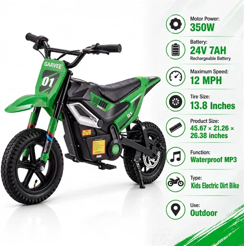 Vista 9 de Garvee Bicicleta de cross eléctrica de 24 V para niños de 5 +, 12 MPH Greena