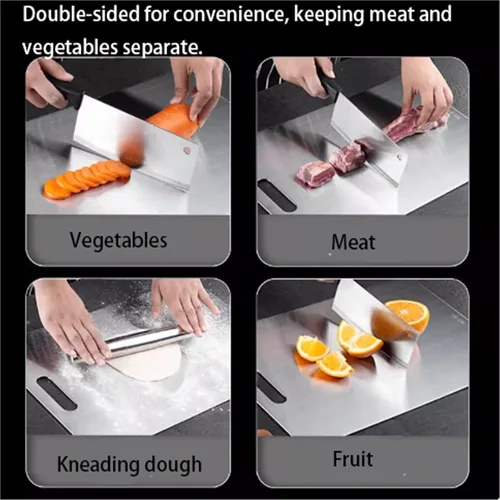 Vista 5 de Tabla de cortar de doble cara de acero inoxidable, para carne, frutas, verduras, pan y hornear, tablas de cortar de gran tamaño, aptas
