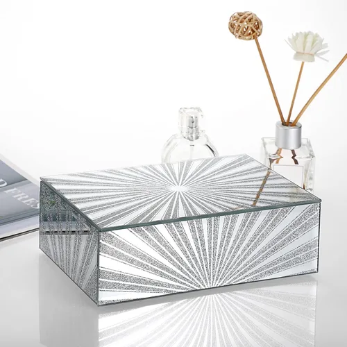 Vista 2 de Hipiwe Joyero de espejo con patrón de sol de diamante triturado, caja grande de cristal para baratijas, caja decorativa plateada, caja de recuerdos
