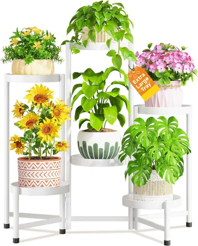 Vista 17 de LASZOLA Soporte plegable para plantas de interior de 7 niveles para múltiples macetas grandes, estante ajustable alto y resistente con bandeja de 10