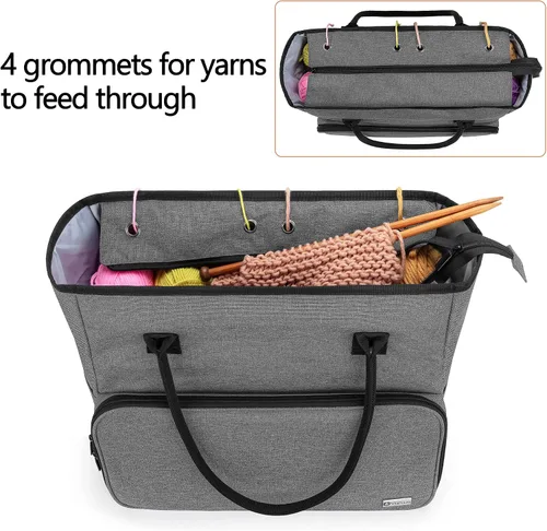 Vista 3 de Yarwo Bolsa de ganchillo para tejer, bolsa de almacenamiento de hilo para proyectos de WIP, madejas de hilo, ganchos de ganchillo y agujas de tejer