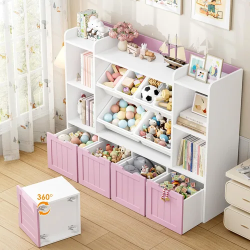 Vista 5 de FINETONES Organizador de almacenamiento de juguetes de 55.1 pulgadas con 6 cubos de juguetes, organizador grande de juguetes, estantería para niños