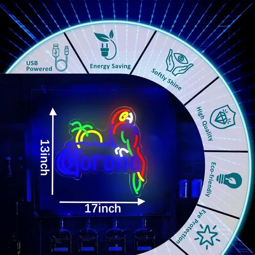 Vista 2 de Coron Letrero de Neón de Loro Luces de Neón para Decoración de Bar, Luces de Cerveza de Palmera Letrero de Neón LED Regulable Letreros Luminosos
