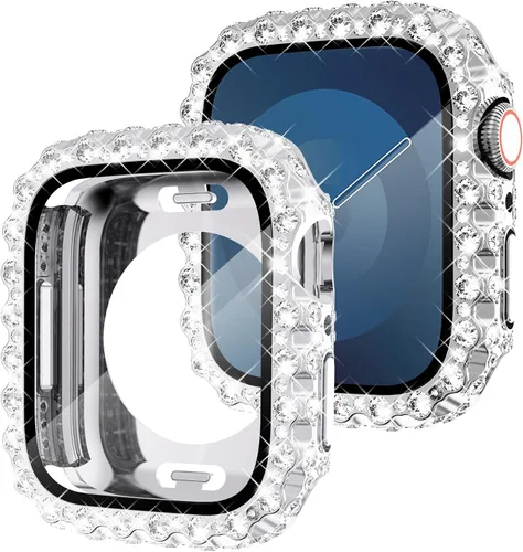 Vista 15 de NewWays Funda impermeable 2 en 1 de 1.575 pulgadas para protector de pantalla de Apple Watch SE Series 6, 5, 4, encaje completo con diamantes