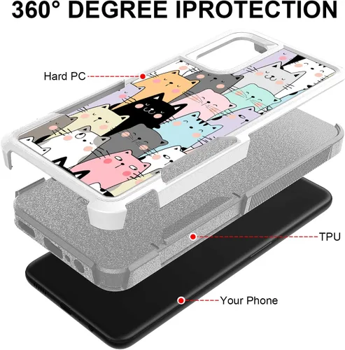 Vista 2 de Funda para Samsung Galaxy A13 5G, lindo y divertido patrón de gatos, absorción de golpes, policarbonato duro e interior de silicona híbrida de doble
