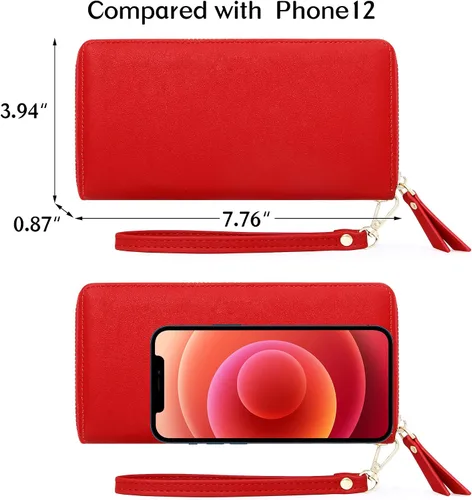 Vista 4 de GEEAD Billeteras para mujer de gran capacidad de piel sintética para tarjetas de crédito, Rojo