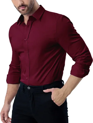 Vista 4 de ZAFUL Camisas de vestir elásticas y ajustadas para hombre, de manga larga, con botones, casual, de algodón