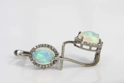 Vista 9 de Aretes ovalados con piedras preciosas de ópalo auténtico, con diamantes genuinos, idea de regalo para el día de San Valentín y Día de la Madre