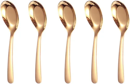 Vista 7 de 5 cucharas de sopa y postre de acero inoxidable con acabado espejo para sopa, arroz, té, leche, café y helado (dorado)