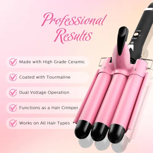 Vista 11 de Rizador de 3 barriles Aleath: Regalos de cumpleaños para mujeres, rizador de pelo de doble voltaje con temperatura ajustable, tres barriles