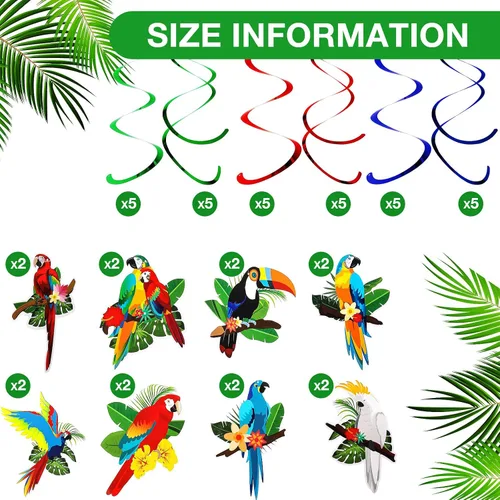 Vista 3 de Crtiin 30 suministros de fiesta de pájaros tropicales, decoraciones hawaianas tropicales, loro tucán colgante, remolino, decoración de techo