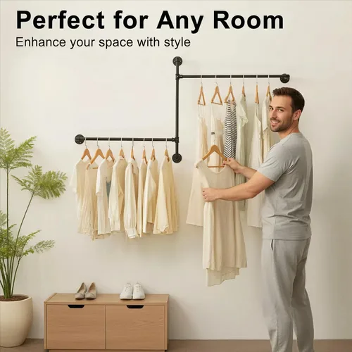 Vista 4 de Perchero industrial para ropa de pared con rieles de ropa de tubería, barras multiusos para colgar ropa resistente, ahorro de espacio, organizador