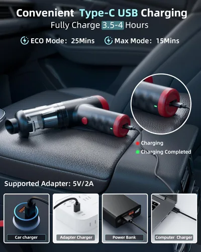 Vista 5 de Aspiradora de Coche 2 en 1 y Soplador de Aire 80W/16kpa/12KRPM/30 Min Limpiador de Polvo de Alta Potencia Aspiradora Portátil Inalámbrica Pro