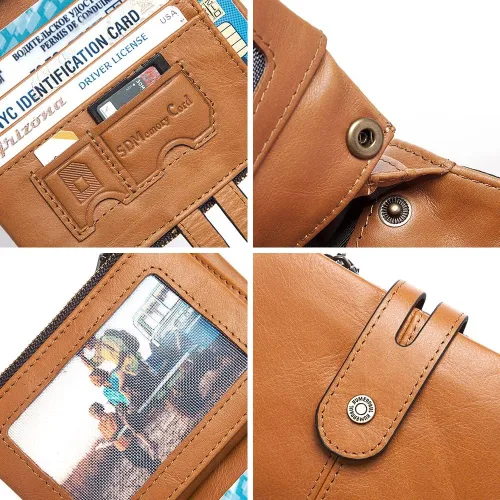 Vista 6 de Billetera con cadena para hombre, de piel auténtica, con bloqueo RFID, monedero de doble cremallera con bolsillo para monedas, Marrón, Cartera