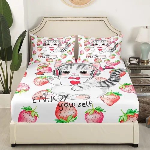 Vista 3 de Erosebridal Lindas sábanas de gato Kawaii fresa tamaño individual para niñas, diseño de arcoíris de dibujos animados, juegos de sábanas y fundas