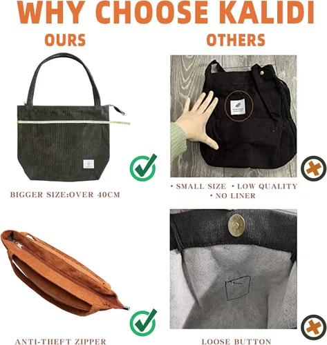 Vista 5 de KALIDI - Bolsa de pana para mujer, con cremallera, casual, de gran capacidad, con bolsillos