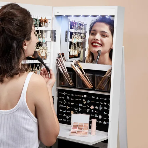 Vista 7 de SONGMICS Armario de joyería de espejo con cerradura de 6 LED, organizador de joyas giratorio de 360, Armario de joyería de pie, espejo de cuerpo