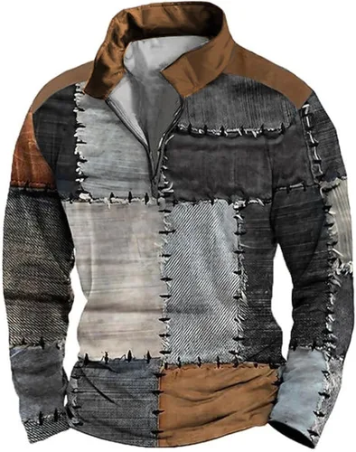 Vista 3 de Camisas Henley de manga larga para hombre, estilo vintage, desgastadas, casuales, cuello alto, talla grande, media cremallera, sudaderas