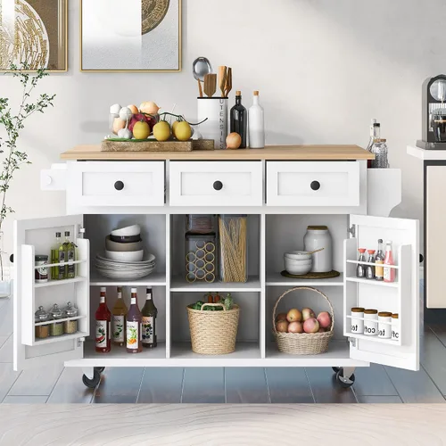 Vista 11 de Delicate Rolling Kitchen Island Cart with Rubber Wood Drop-Leaf Countertop and Lockable Rollers,Storage Cabinet and 2 Drawers,Sliding Barn Door