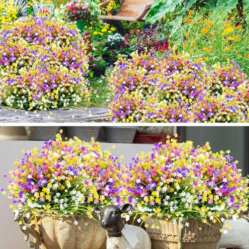 Vista 6 de Hoteam 40 paquetes de flores artificiales para exteriores, resistentes a los rayos UV, plantas de plástico para exteriores, primavera, verano