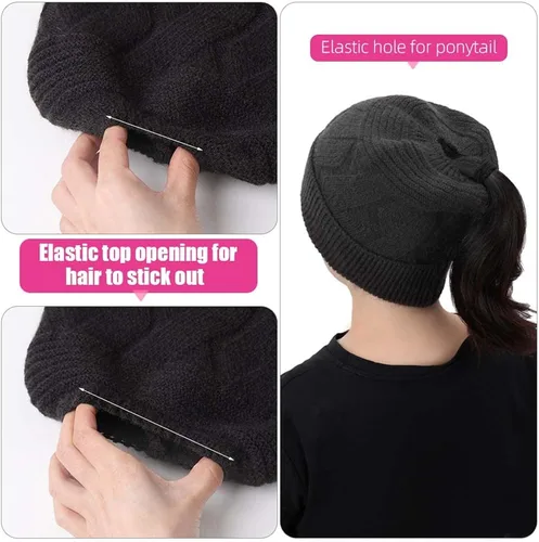 Vista 3 de Gorro de invierno para mujer Gorra de punto para cabello de cola de caballo con moño y cola de caballo Gorro de pelo con pompones con agujero
