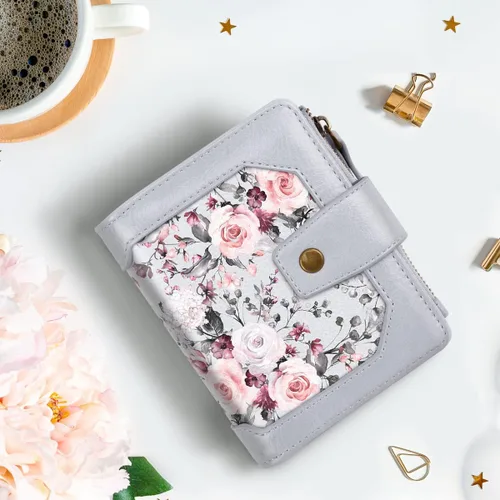 Vista 7 de Cartera pequeña para mujer, billetera plegable con bloqueo RFID, tarjetero con bolsillo con cremallera, Gris (Grey Flower), Vintage