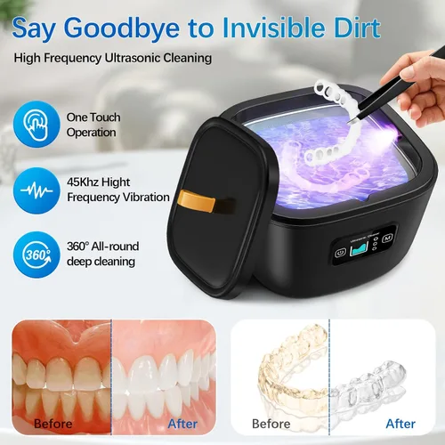 Vista 2 de Raccomb Limpiador ultrasónico de retenedores para dentaduras UV Limpiador ultrasónico 45kHz 255ML 3 modos de limpieza ultrasónico ajustable