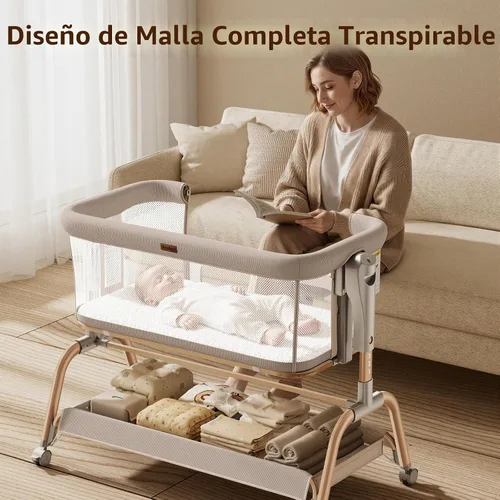 Vista 5 de NeoBorn Cuna de 3 en 1 para bebé, cuna junto a la cama para bebé, cuna mecedora con malla transpirable completa, colchón y sábana suave, altura