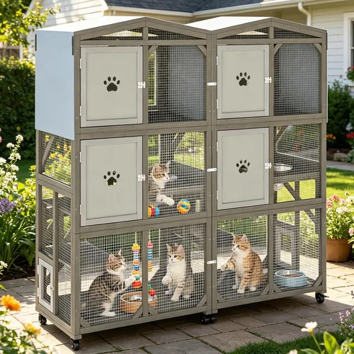 Vista 9 de Ketive Catio grande de madera para exteriores de 64", casa para gatos de ventana con ruedas y 3 plataformas, jaula para gatitos con techo resistente