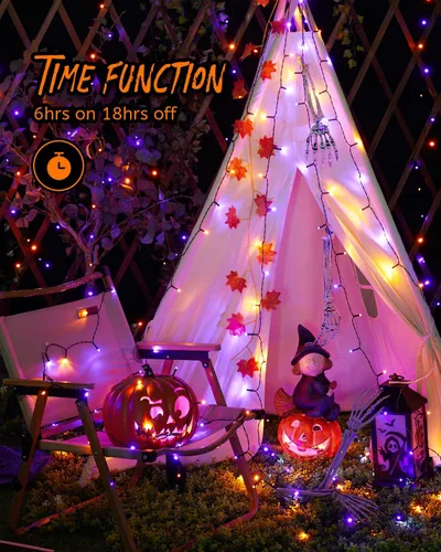 Vista 4 de Luces de Halloween moradas y naranjas de 66 pies para exteriores, 200 luces LED de Halloween con 8 modos, enchufable naranja morado colgante