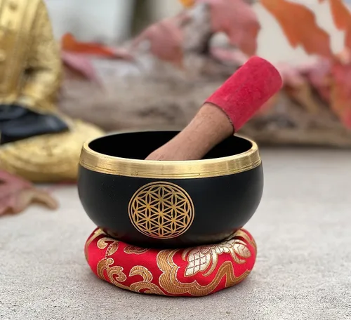 Vista 4 de Juego de cojines tibetanos con diseño de flor de la vida, para meditación, yoga, curación espiritual y atención plena, tamaño mediano (negro)