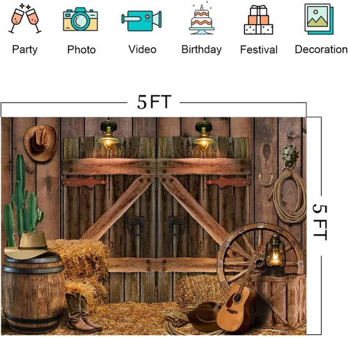 Vista 4 de Fondo de madera rústica de vaquero occidental, para casa de granero, fondo de fotografía para niños, niños, fiesta de cumpleaños, decoración