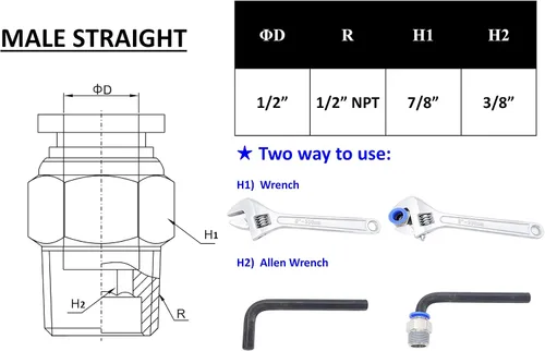 Vista 6 de Conexión de conexión de 1/2" OD x 1/2" macho NPT rosca, línea de agua recta macho neumática, conectores de empuje rápido (paquete de 4)