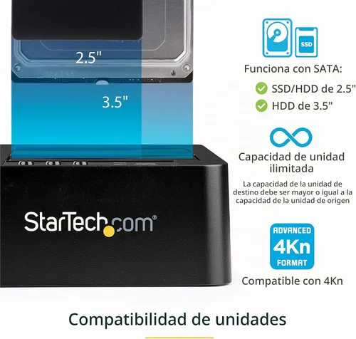 Vista 3 de StarTech Duplicador de disco duro independiente, Dock de disco duro externo de doble bahía USB 3.0 (5 Gbps) / eSATA a HDD/SSD SATA III de 2.5/3.5