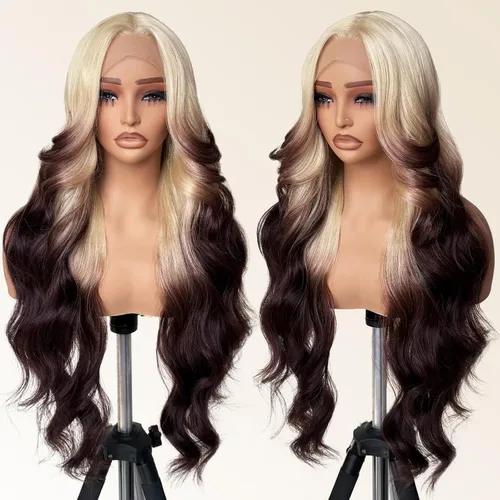 Vista 12 de FABELLE - Peluca de cabello sintético rubio ceniza con encaje frontal de 13 x 4 HD, sin pegamento, parte media ondulada de 30 pulgadas, para usar