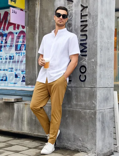 Vista 3 de Ryannology Guayabera - Camisas de lino de manga corta con botones para hombre, estilo casual, playa, campamento cubano, camisa mexicana para hombre