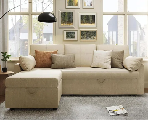 Vista 4 de VanAcc - Sofá cama con sofá cama extraíble de 2 en 1 con sofá cama extraíble con chaise de almacenamiento para sala de estar, cómodo sofá cama, Beige