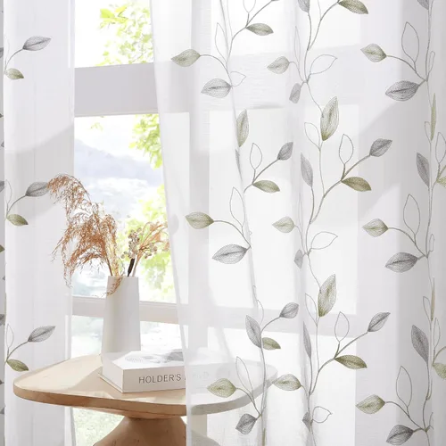 Vista 16 de Bujasso - Cortinas de hojas transparentes de 63 pulgadas, bordadas con flores, estilo granja, cortinas con filtro de luz para ventana, patrón Dorado